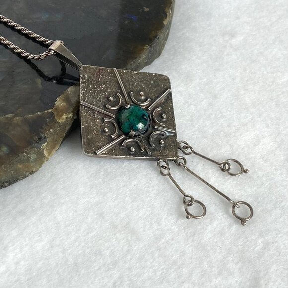 Sterling Silver 925 Israel 4" Modernist Style Eilat Stone Pendant Necklace 24" - Picture 7 of 16